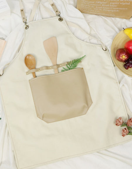Elegant Milky White Canvas and Leather Apron