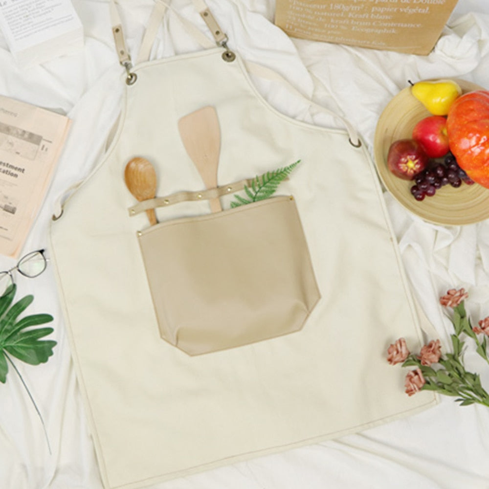 Elegant Milky White Canvas and Leather Apron